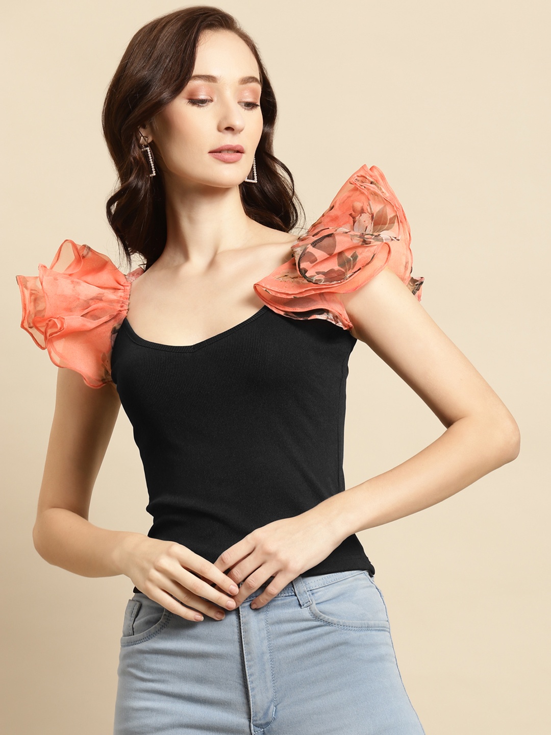 

WoowZerz Women Black & Peach-Coloured Flutter Sleeve Ruffles Fitted Top