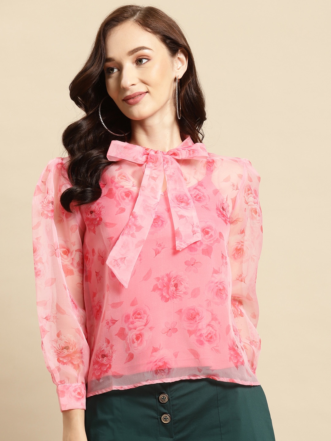

WoowZerz Pink Floral Tie-Up Neck Puff Sleeve Layered Regular Top