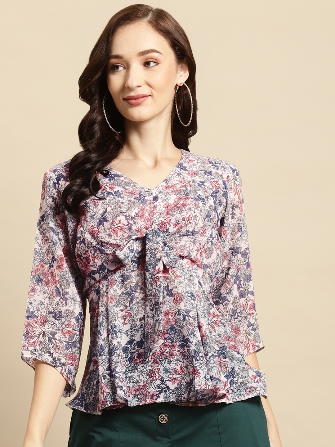 

WoowZerz Navy Blue & Pink Floral Print Tie-ups Pleated A-Line Top