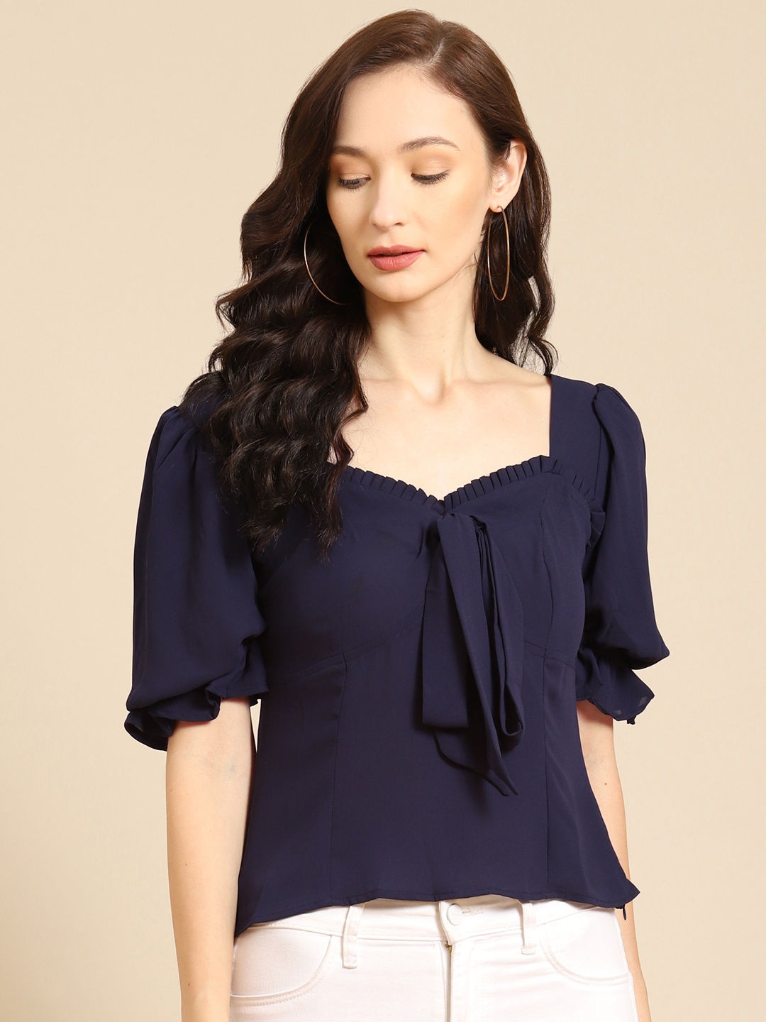 

WoowZerz Navy Blue Sweetheart Neck Chiffon Regular Top