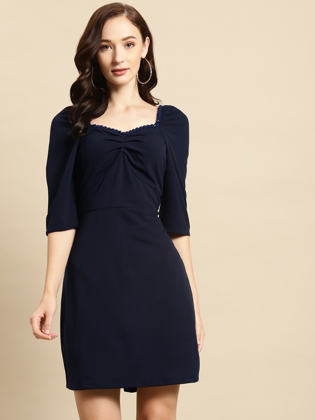 

WoowZerz Navy Blue Puffed Sleeve Sheath Dress