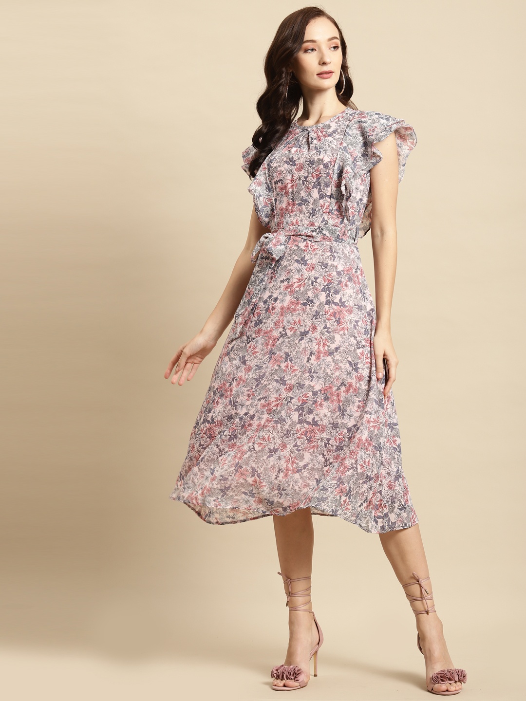 

WoowZerz Pink & Blue Floral A-Line Midi Dress & Belt