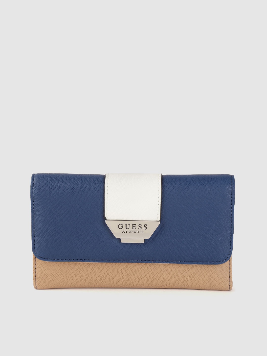 

GUESS Women Beige & Navy Blue Colourblocked Saffiano Textured Three Fold Wallet