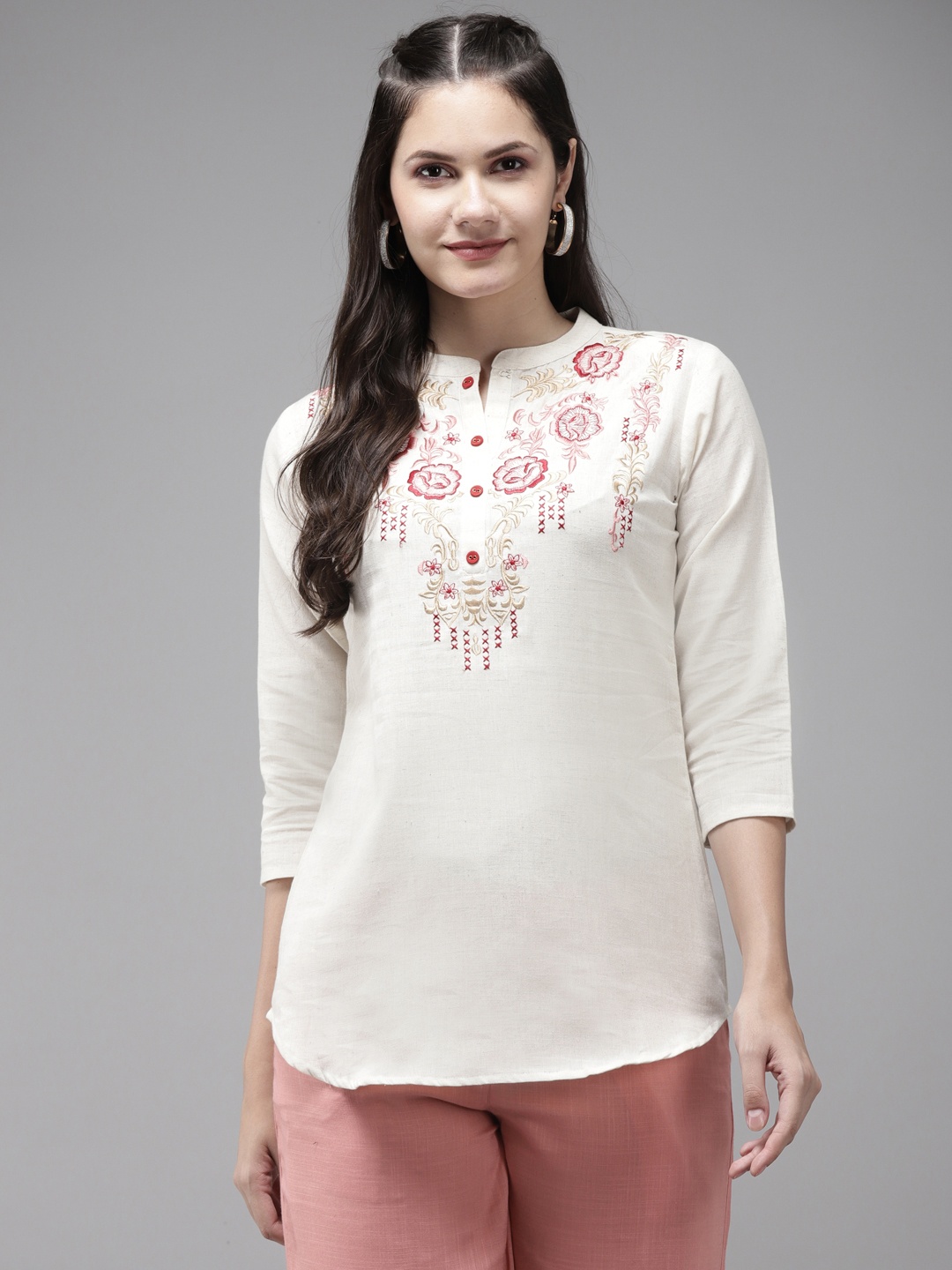 

Yufta White & Maroon Embroidered Mandarin Collar Regular Top