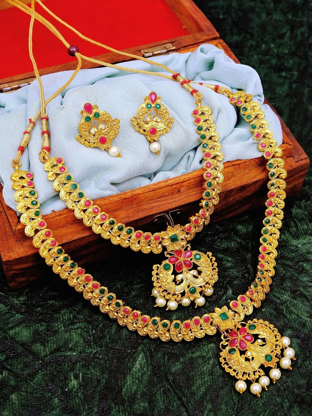 

Crunchy Fashion Gold-Plated Pink & Green Kundan-Studded & Beaded Meenakari Jewellery Set