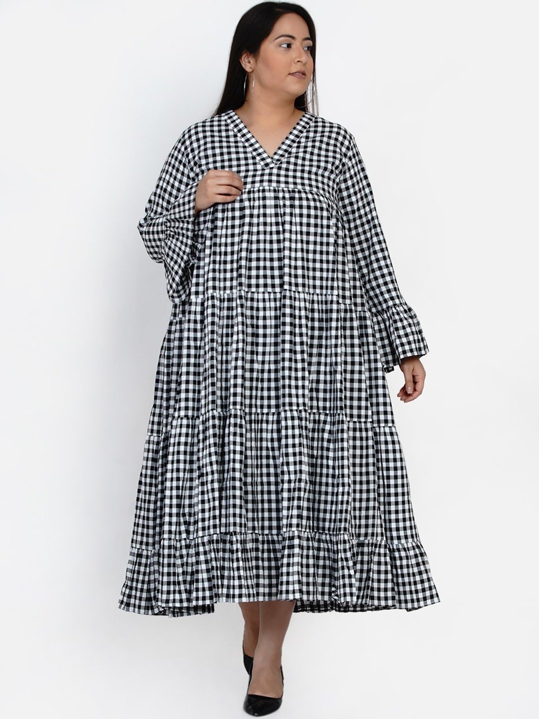 

Fabnest Curve Black Checked A-Line Midi Dress