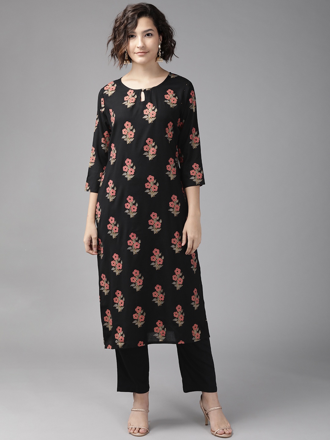 

Yufta Women Black & Pink Ethnic Motifs Printed Kurta with Palazzos