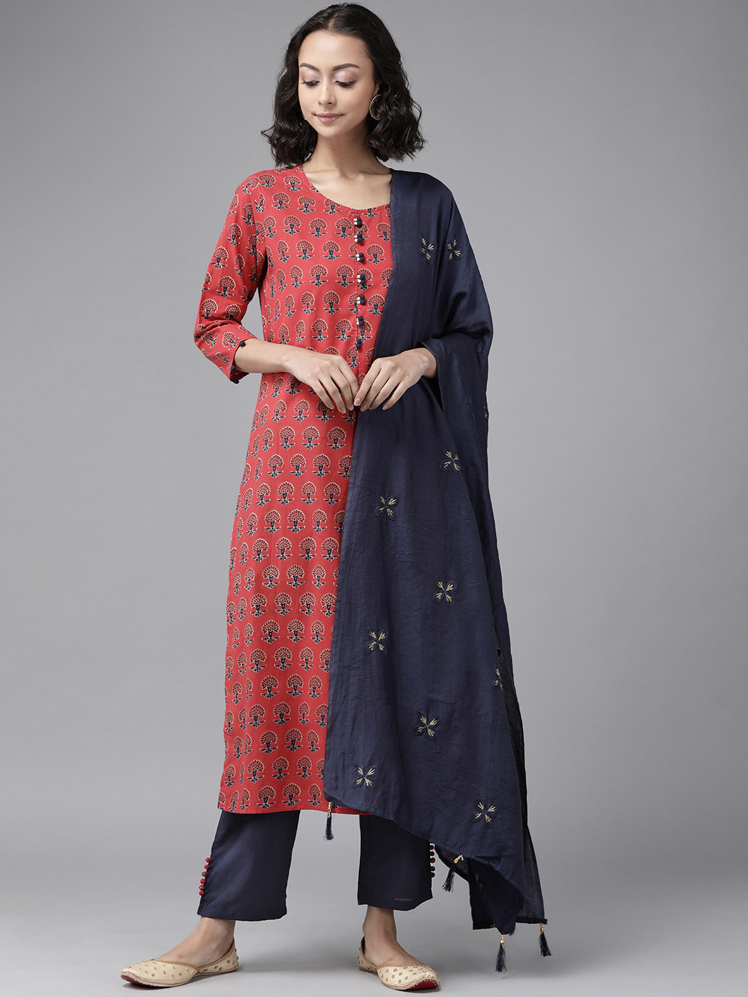 

Yufta Women Red Pure Cotton Handblock Print Kurta with Trousers & Dupatta