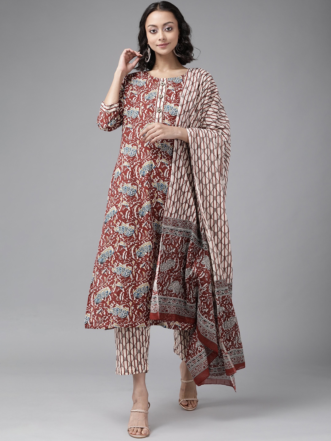 

Yufta Women Maroon Pure Cotton Ethnic Motifs Printed Kurta with Palazzos & Dupatta