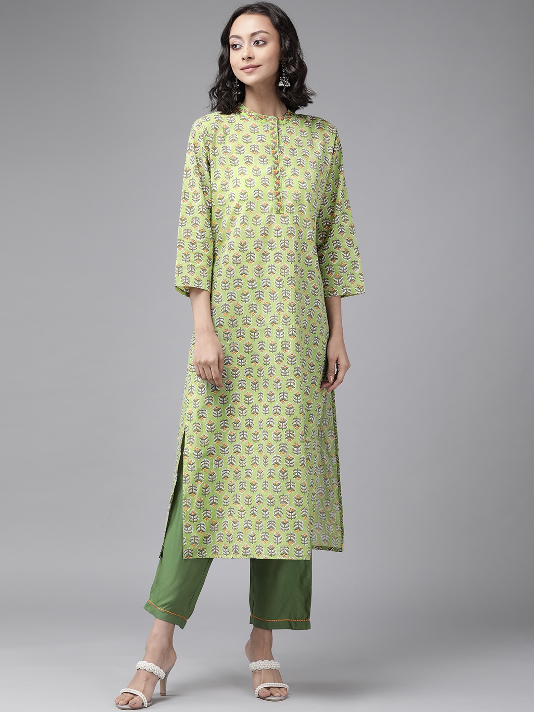 

Yufta Women Green Pure Cotton Printed Kurta with Palazzos