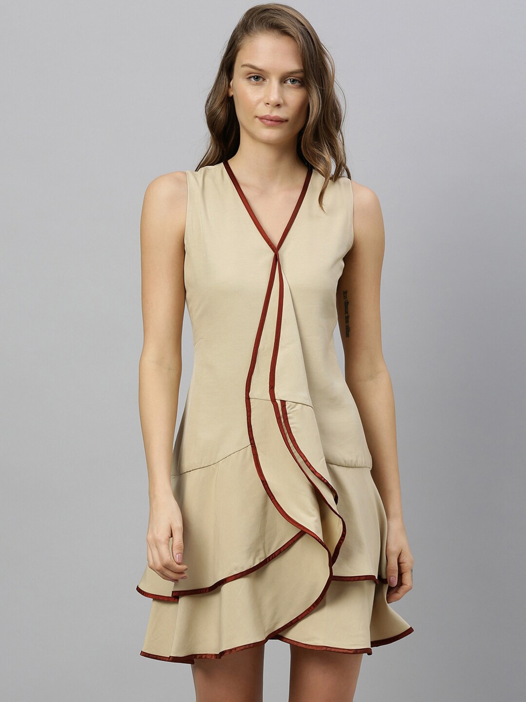 

RAREISM Women Beige Solid A-Line Mini Dress With Ruffles
