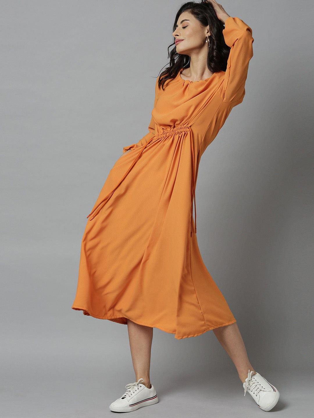 

RAREISM Women Orange Solid A-Line Midi Dress