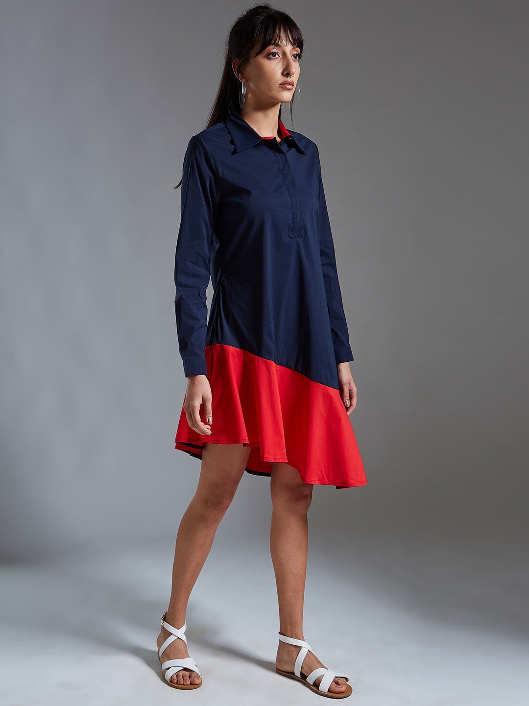 

RAREISM Women Navy Blue & Red Colourblocked Shirt Dress With Ruffles