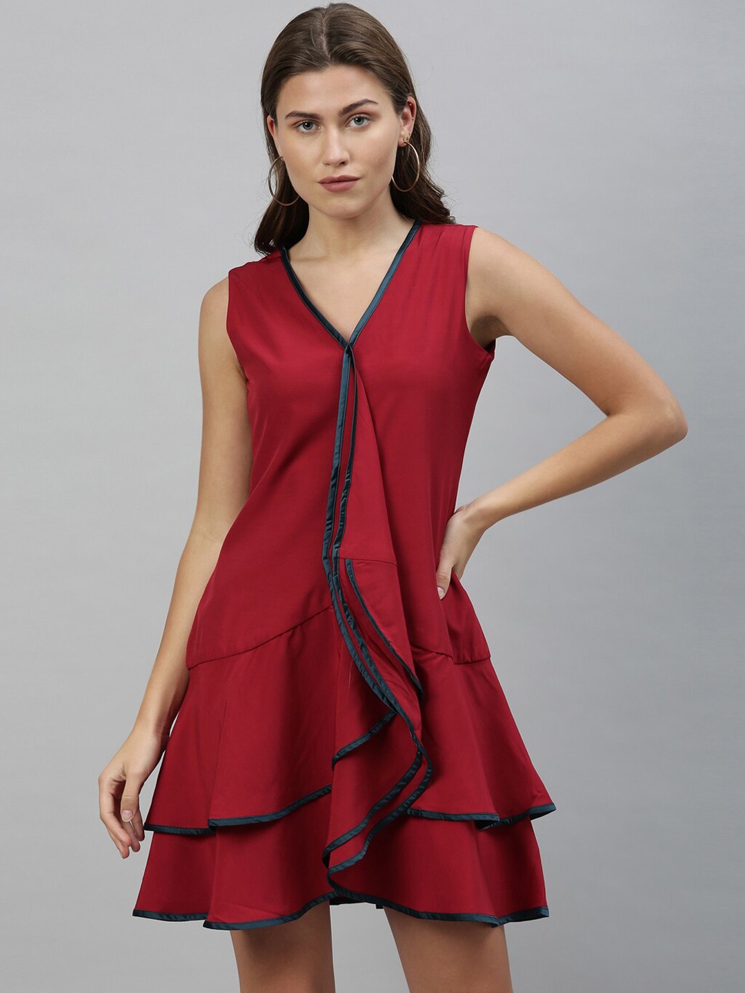 

RAREISM Women Maroon Solid A-Line Mini Dress With Ruffles