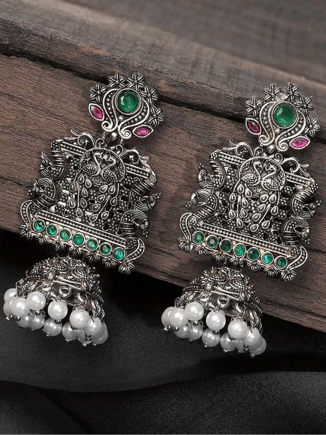 

OOMPH Silver & Green Peacock Shaped Jhumka Earrings