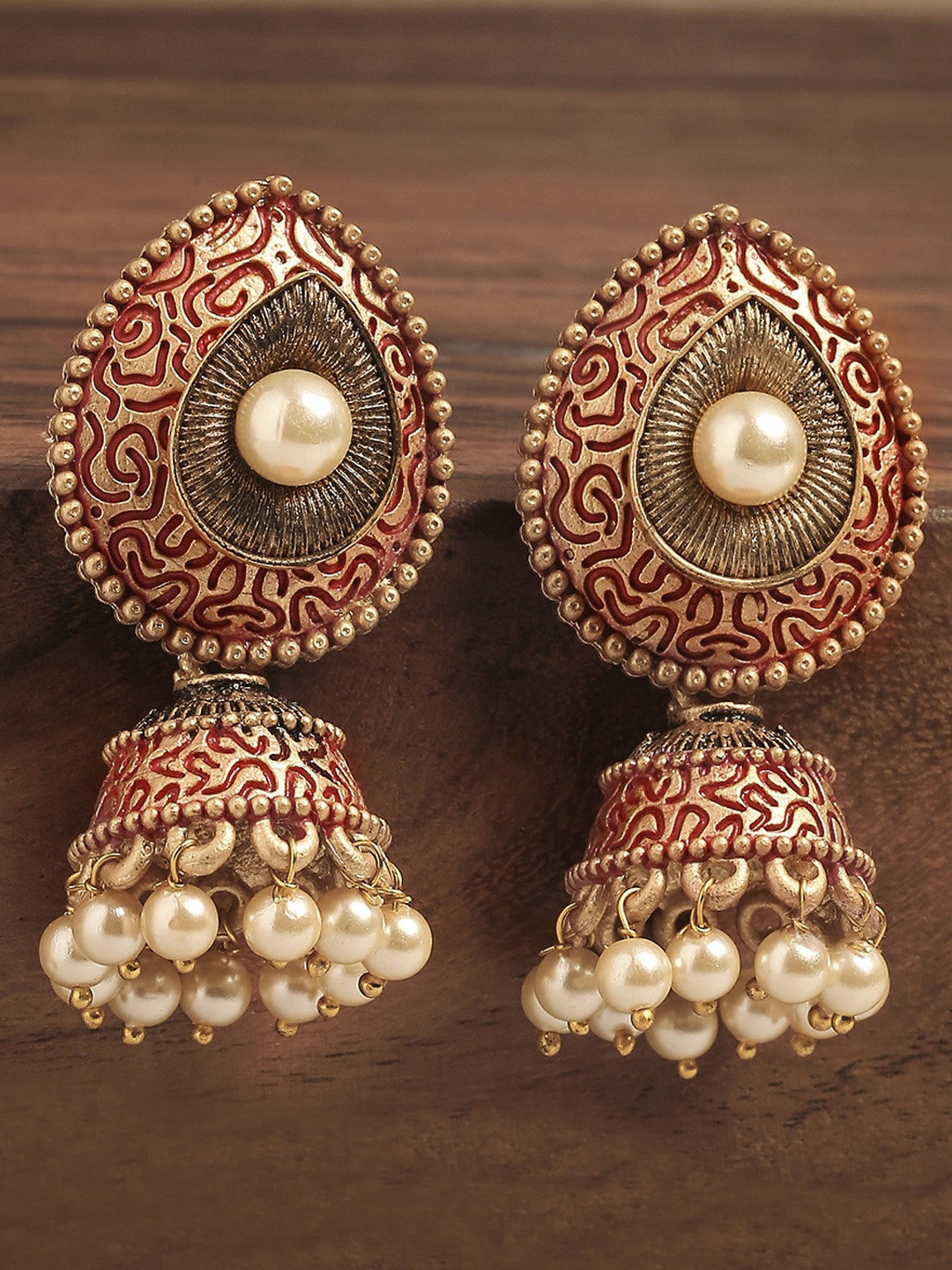 

OOMPH Women Red Gold-Plated Meenakari Enamel Teardrop Shape Pearl Jhumkas Earrings