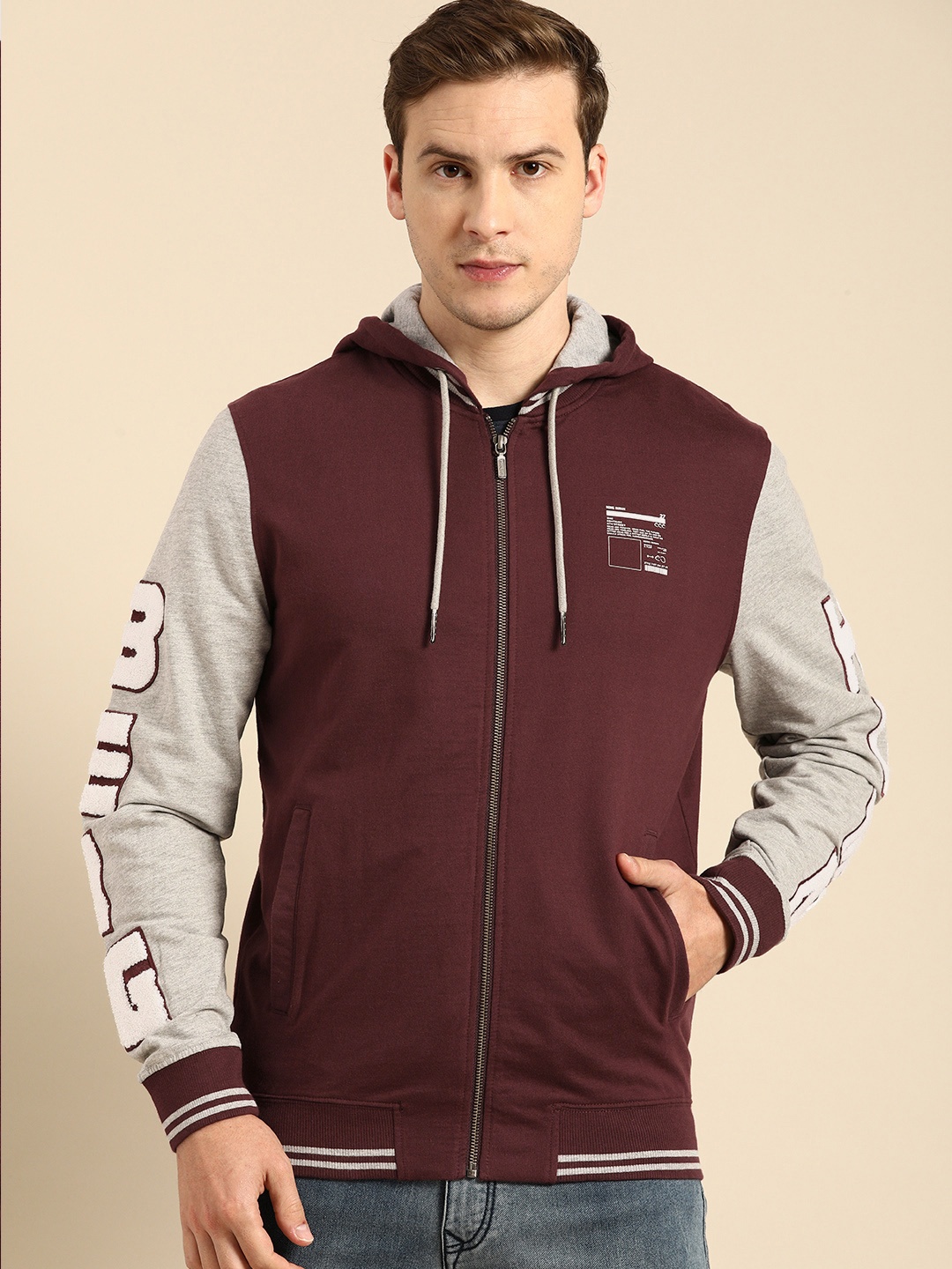 

Being Human Men Maroon Contrast Sleeves Applique Detailed Hooded Sweatshirt