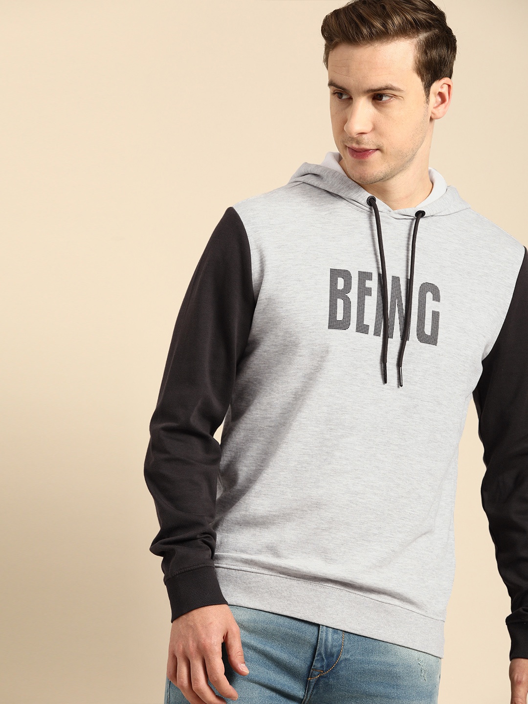 

Being Human Men Grey Melange Printed Hooded Sweatshirt