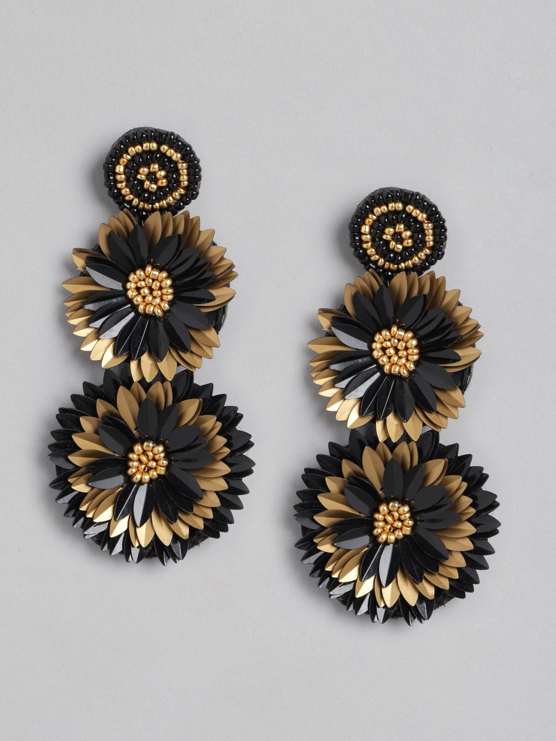 

Blueberry Black Gold-Plated Beaded Handcrafted Floral Shaped Drop Earrings