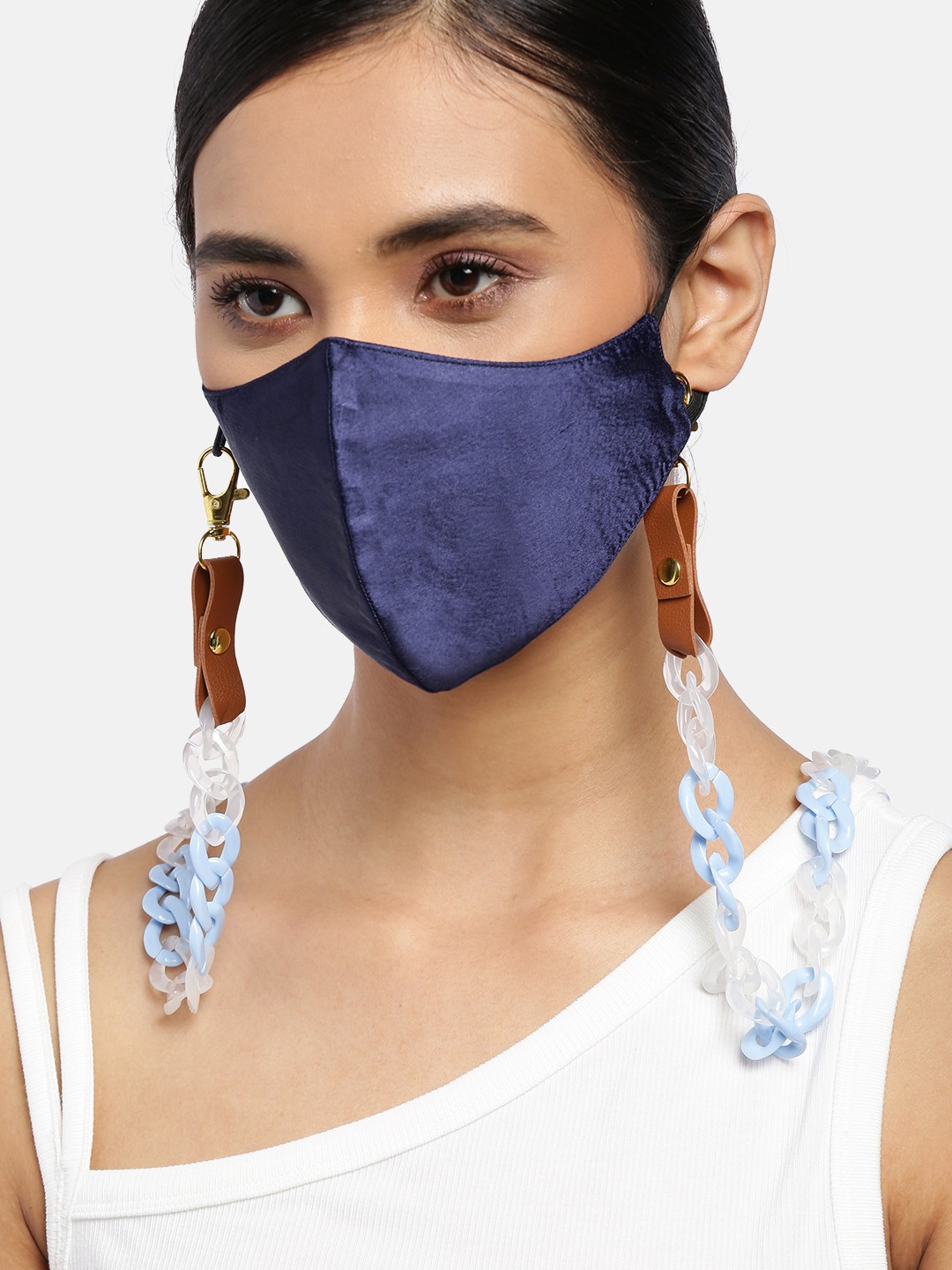 

Blueberry Women Navy Blue Solid Satin Reusable 2-Ply Cloth Mask with Blue Chain