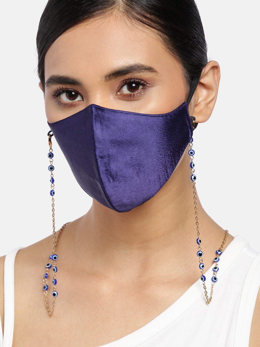 

Blueberry Women Navy Blue Solid Satin Reusable 2-Ply Cloth Mask with Gold-Plated Chain