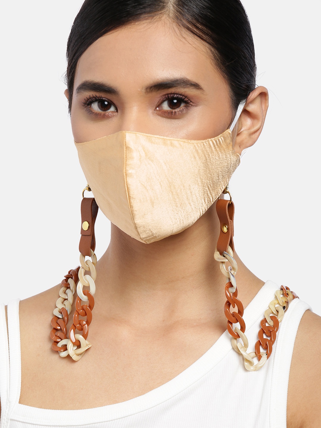 

Blueberry Women Beige Solid Satin Reusable 2-Ply Cloth Mask with Brown & Beige Chain