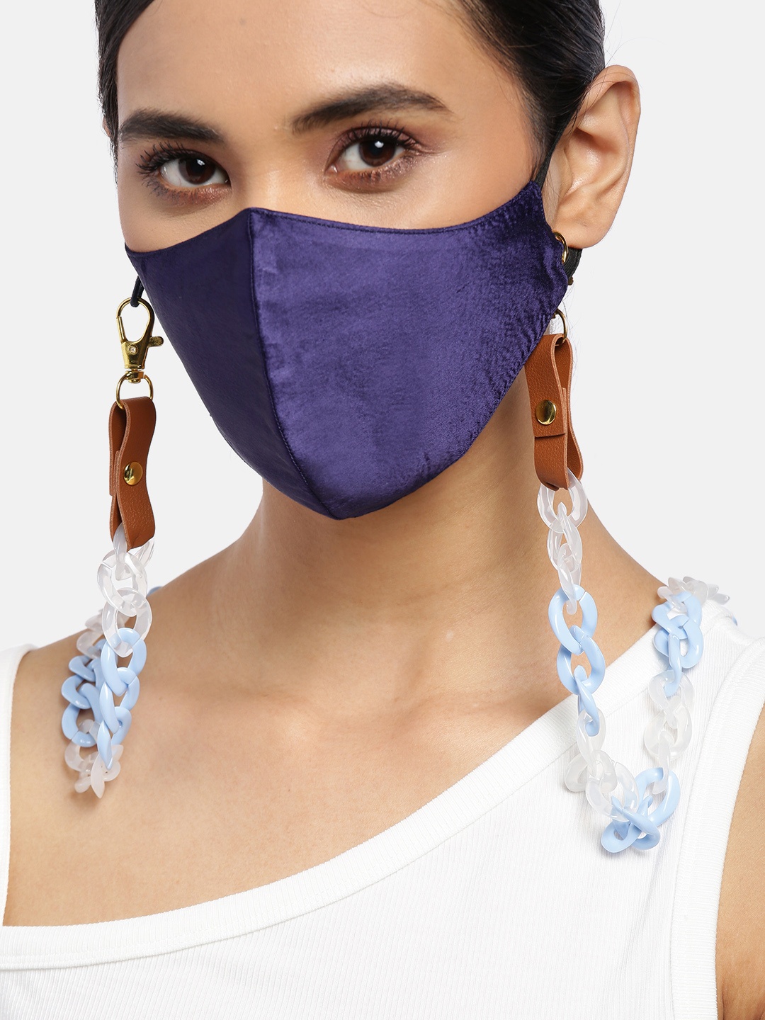 

Blueberry Women Navy Blue Solid Satin Reusable 2-Ply Cloth Mask with Chain