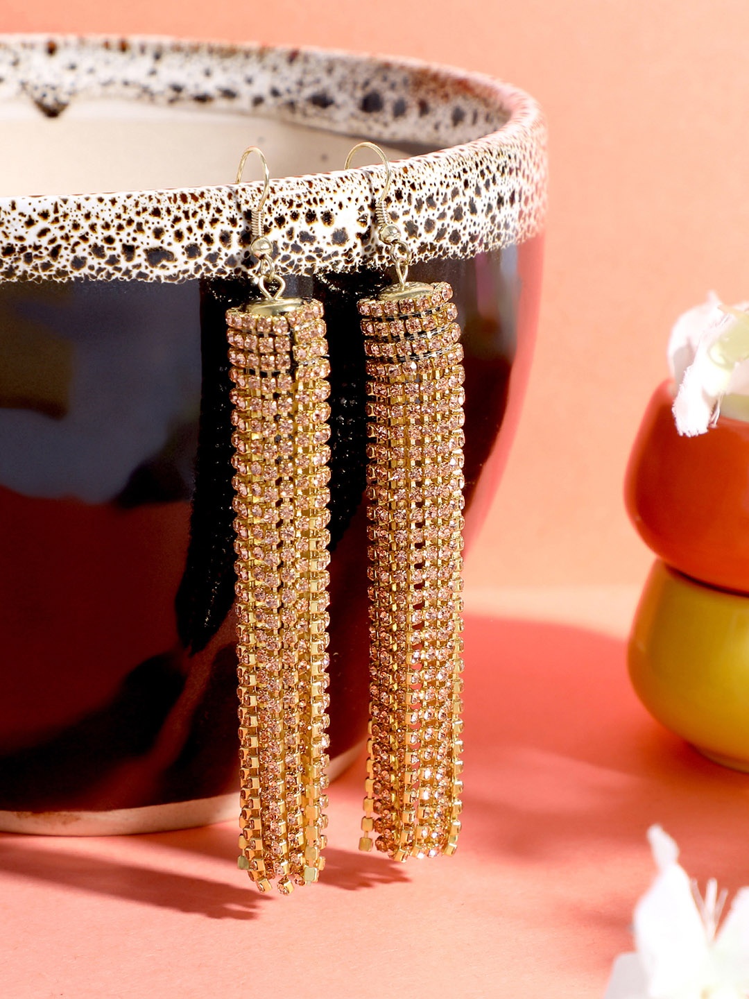 

Blueberry Peach-Coloured Gold-Plated Studded Handcrafted Contemporary Drop Earrings