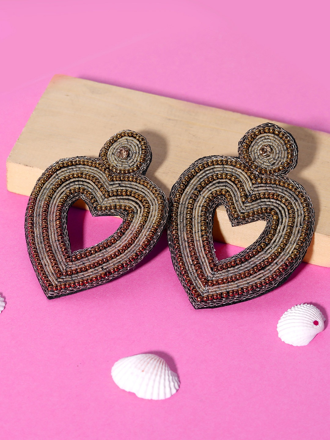 

Blueberry Beige Gold-Plated Beaded & Studded Heart Shaped Handcrafted Drop Earrings