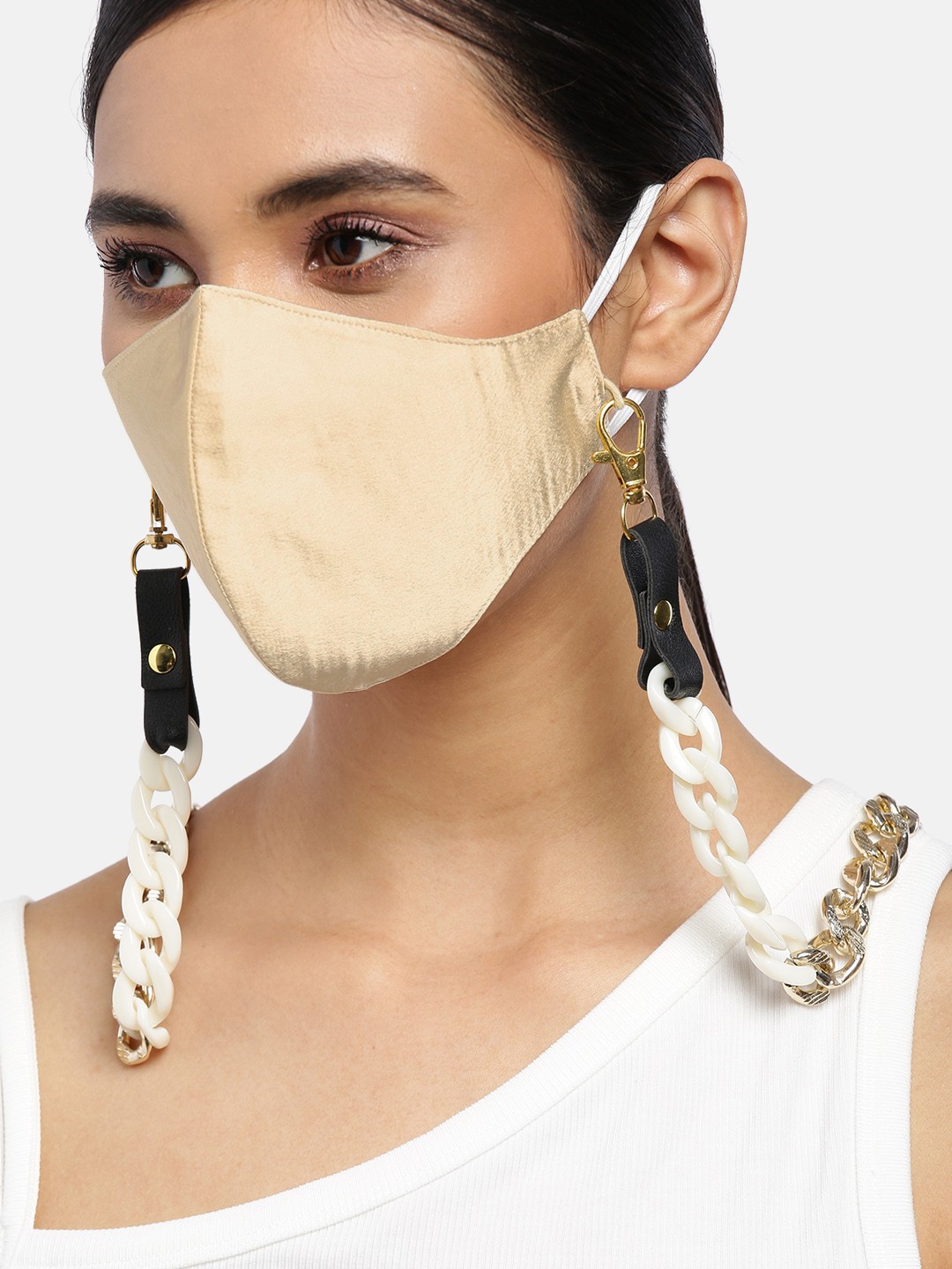 

Blueberry Women Beige Solid Satin Reusable 2-Ply Cloth Mask & Gold-Plated Chain
