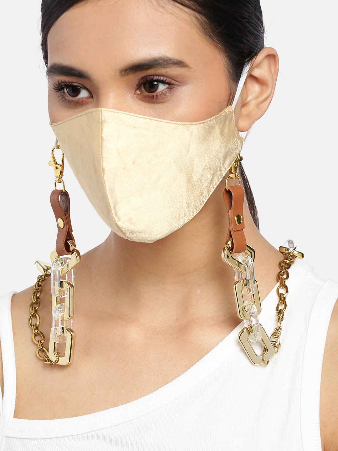 

Blueberry Women Beige Solid Satin Reusable 2-Ply Cloth Mask with Gold-Plated Link Chain
