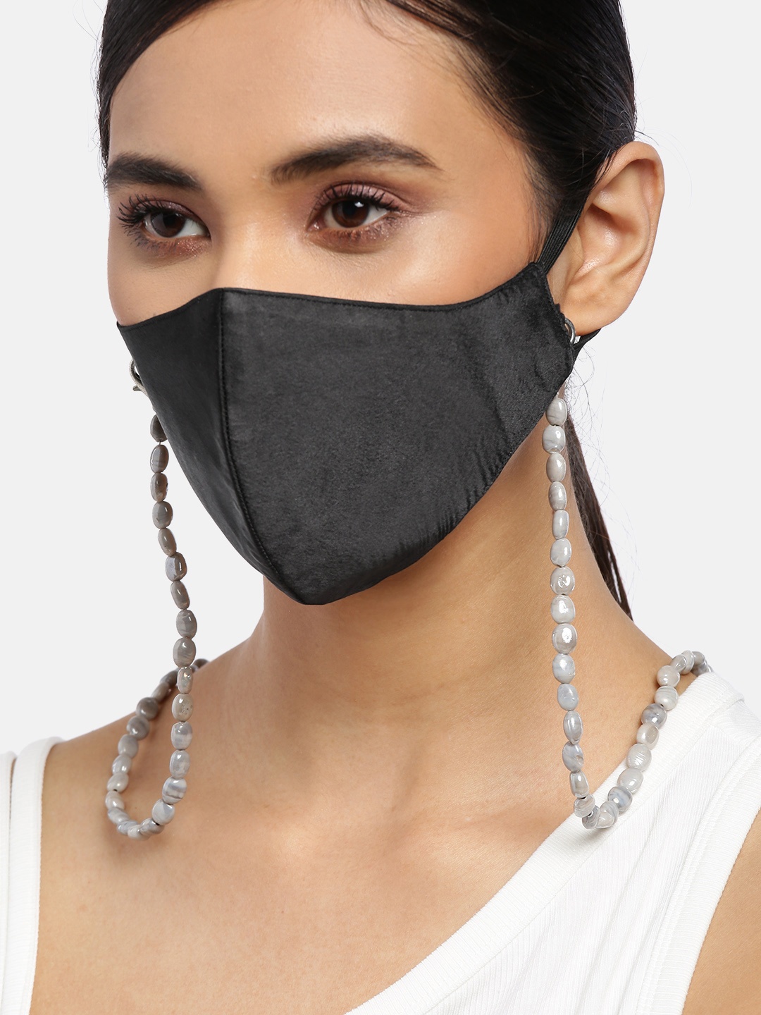 

Blueberry Women Black Solid Satin Reusable 2-Ply Cloth Mask with Grey Beaded Chain