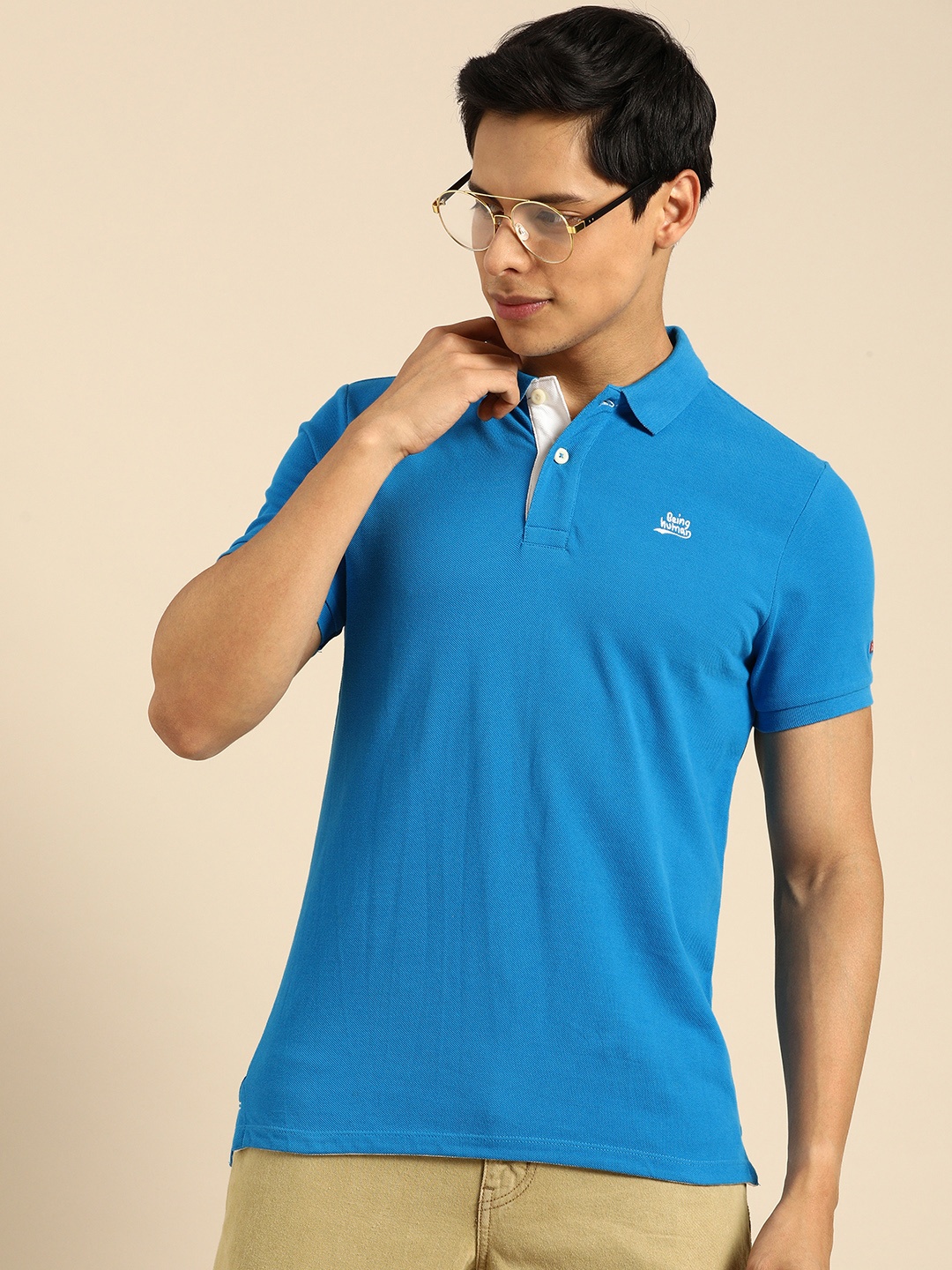 

Being Human Men Blue Solid Polo Collar Pure Cotton T-shirt