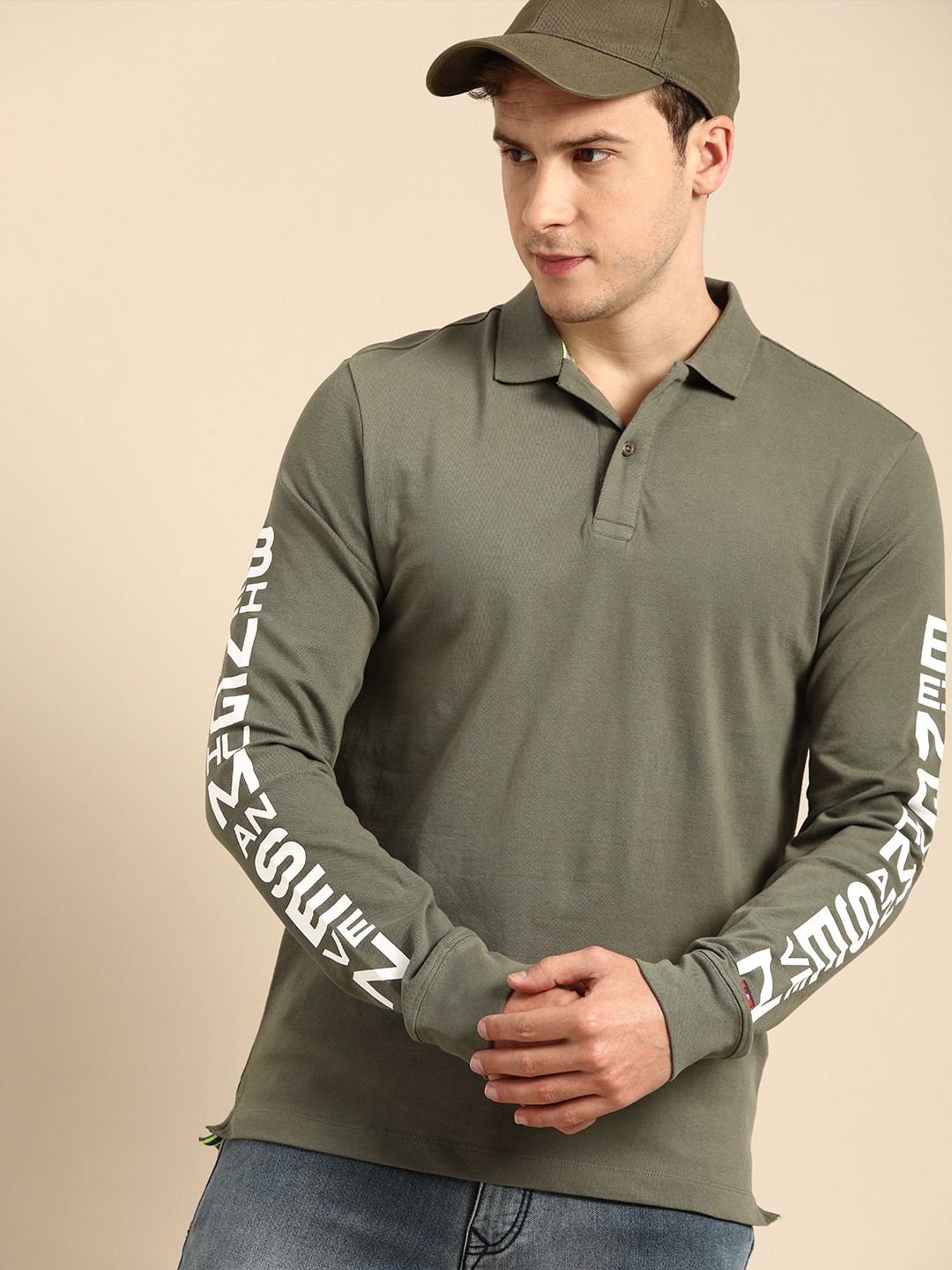 

Being Human Men Green Printed Sleeves Polo Collar T-shirt