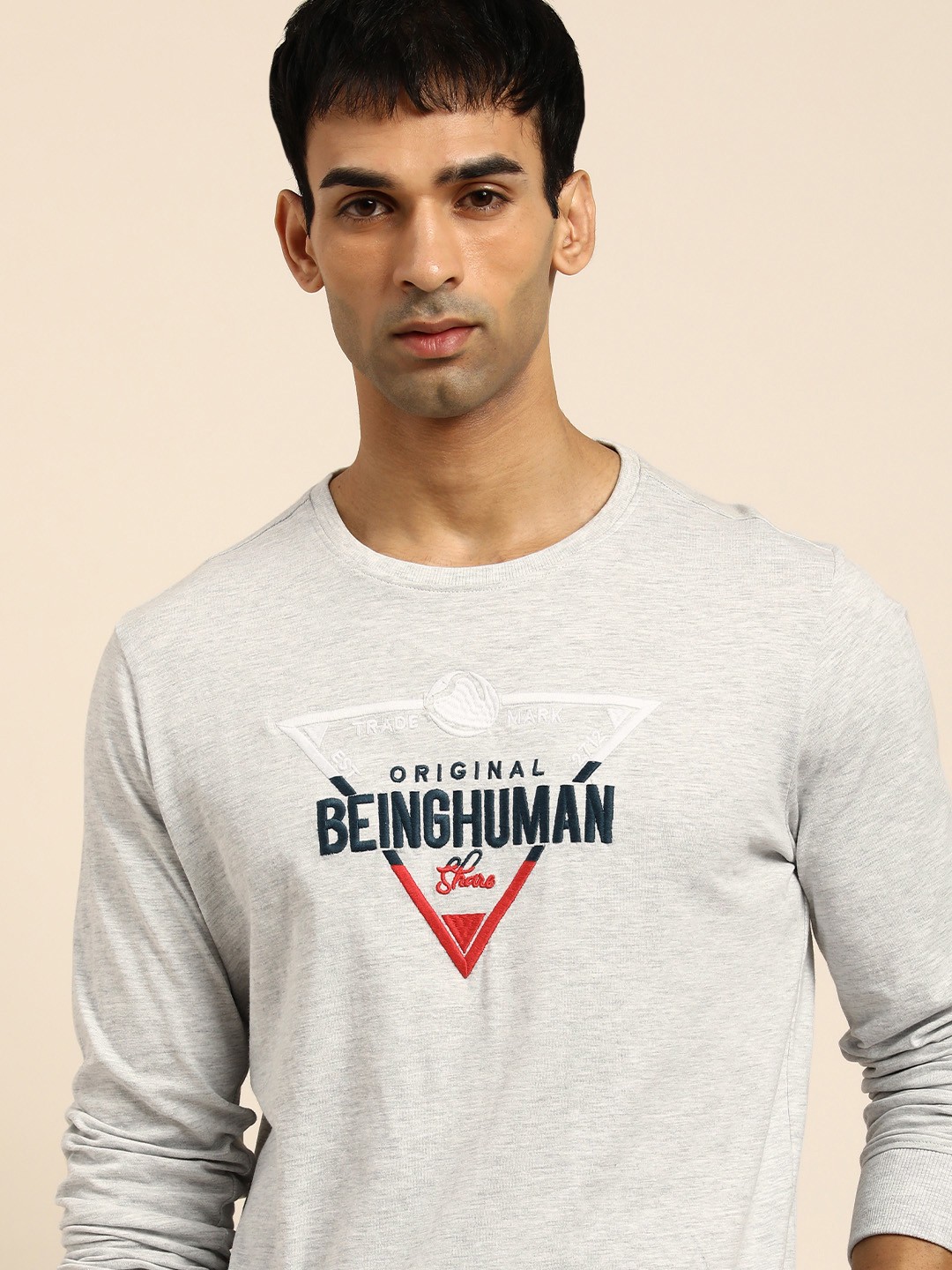

Being Human Men Grey Melange Brand Logo Embroidered T-shirt