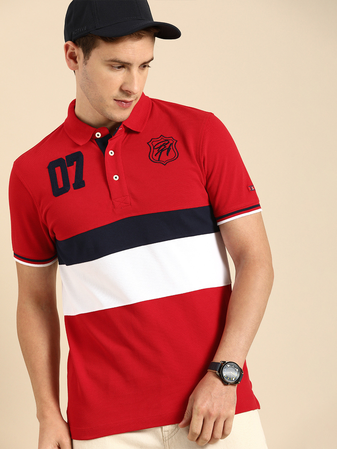 

Being Human Men Red White Colourblocked Polo Collar Pure Cotton T-shirt