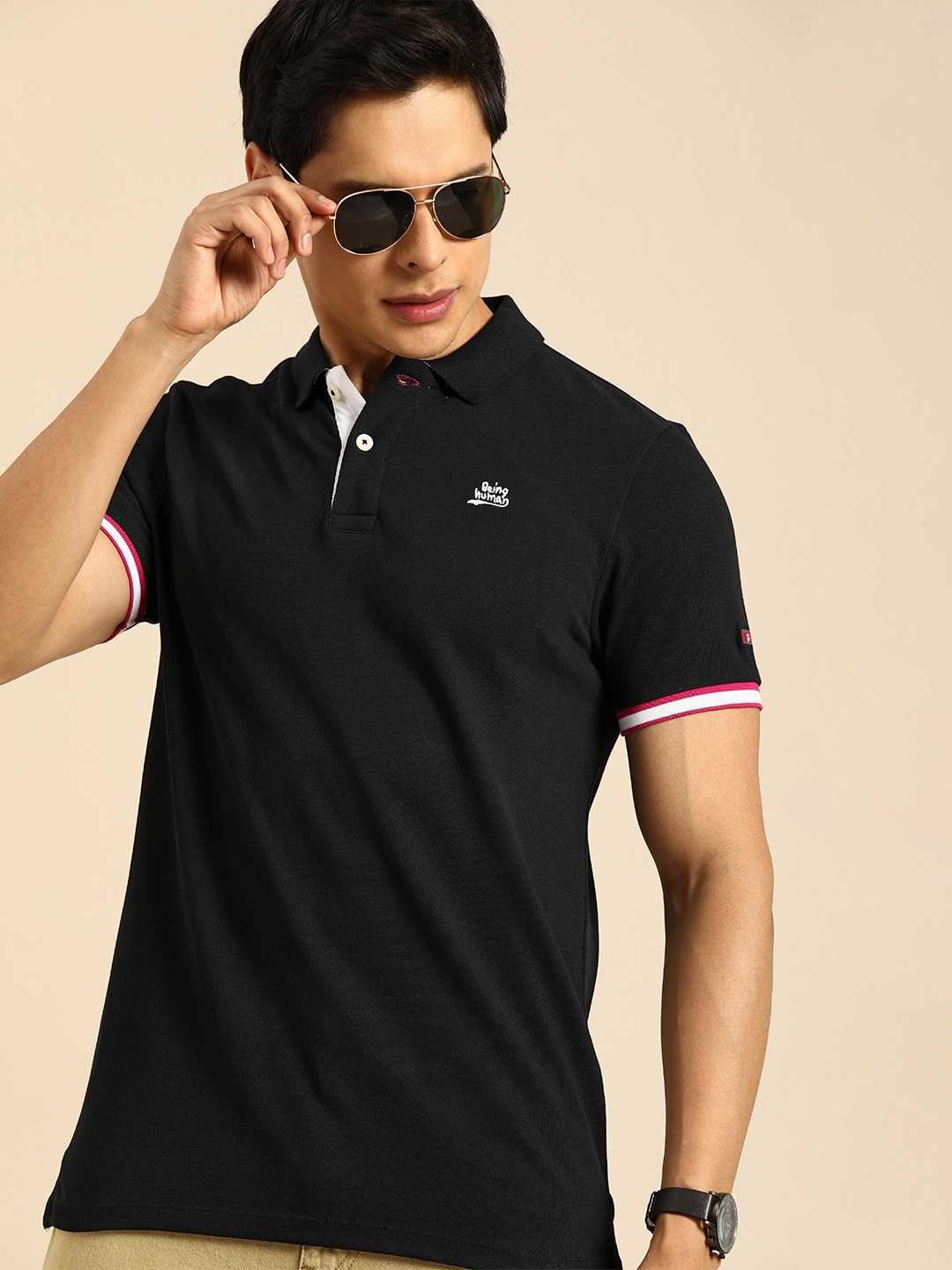 

Being Human Men Black Solid Polo Collar Pure Cotton T-shirt