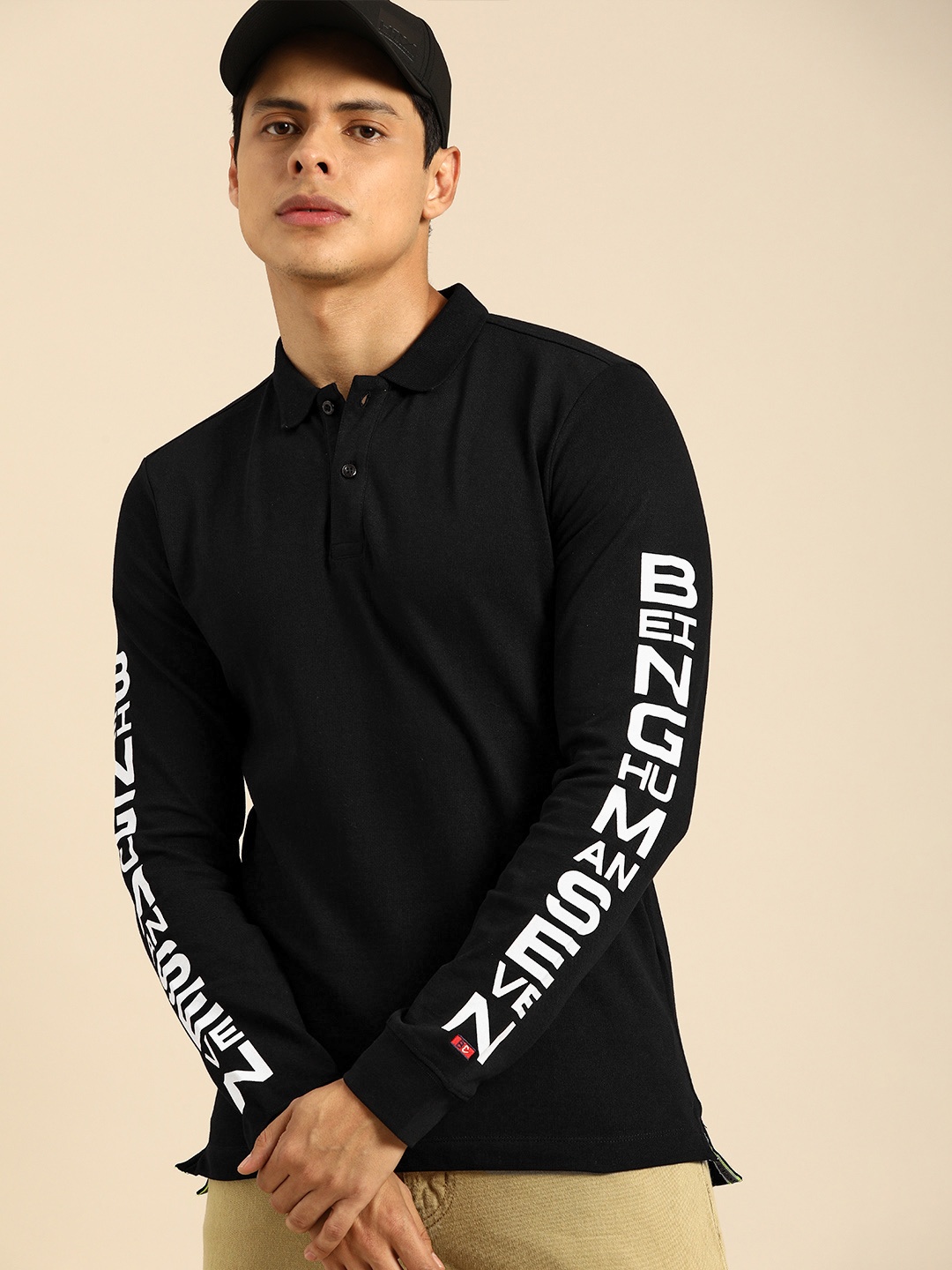 

Being Human Men Black Printed Sleeves Polo Collar T-shirt