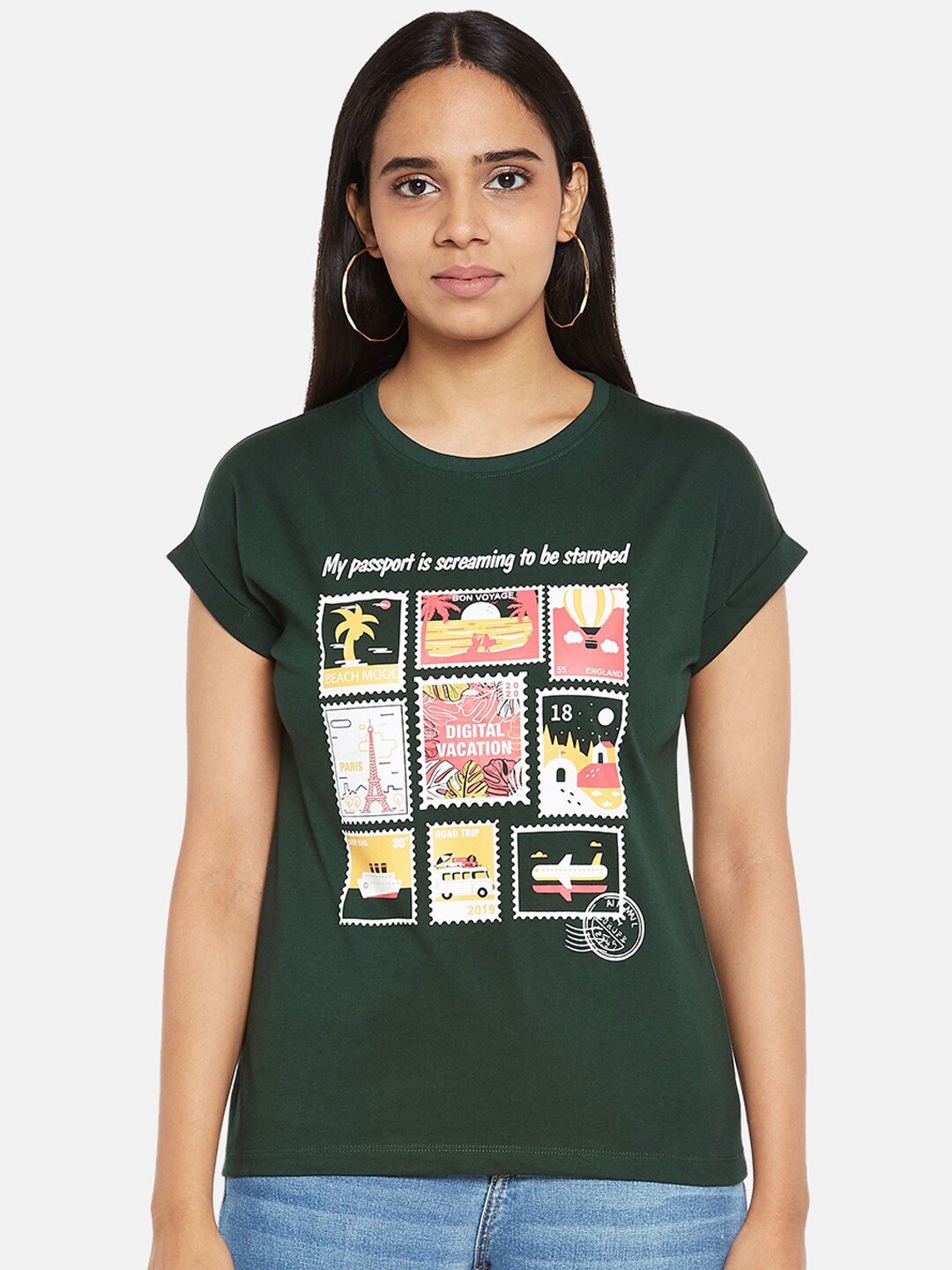 

People Women Green Pure Cotton Graphic Printed Pure Cotton T-shirt