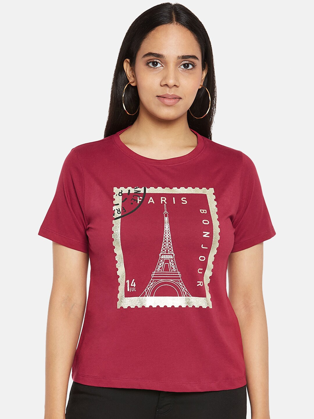 

People Women Maroon Pure Cotton Typography Printed Pure Cotton T-shirt