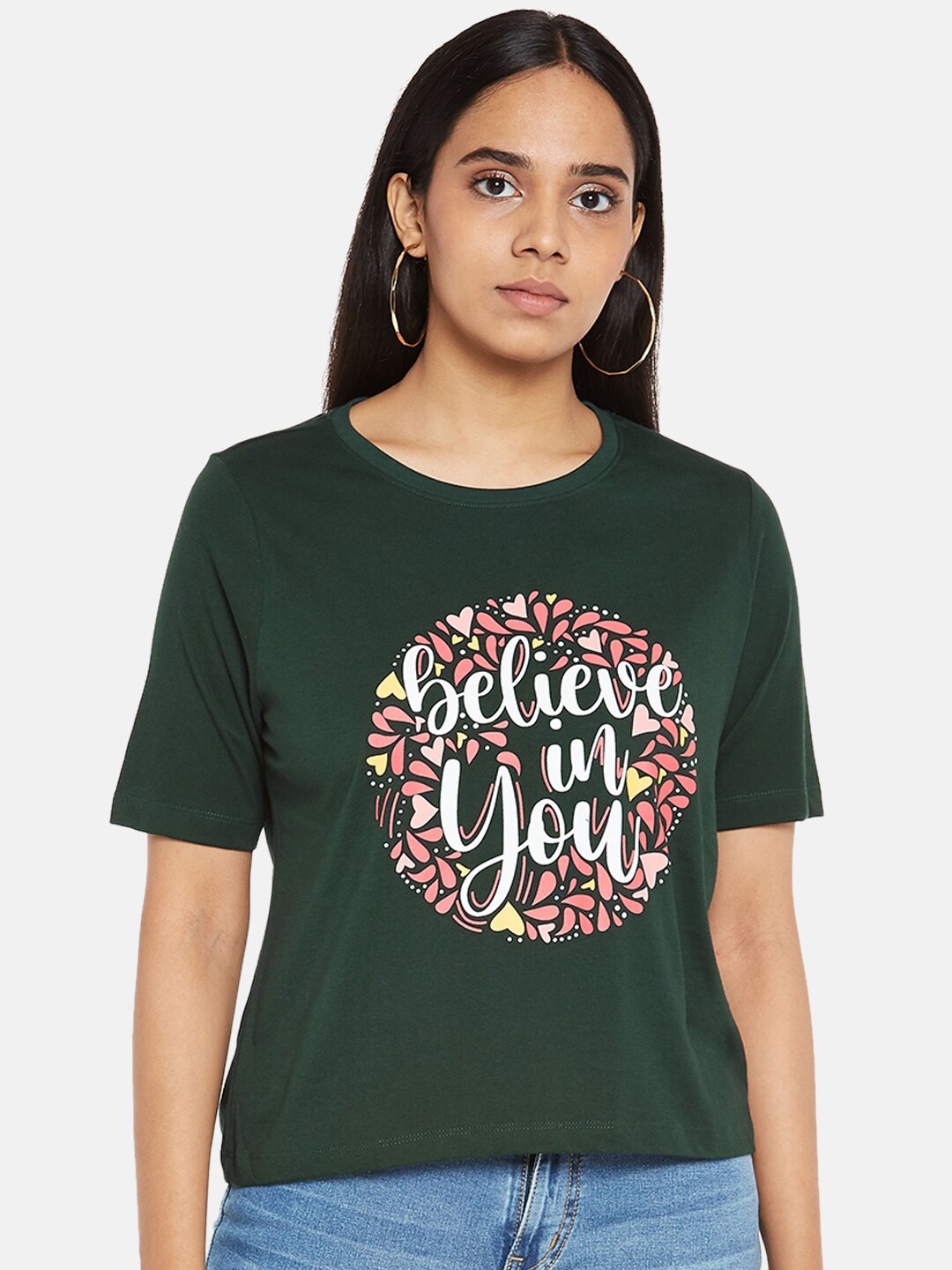 

People Women Green Pure Cotton Typography Printed Pure Cotton T-shirt