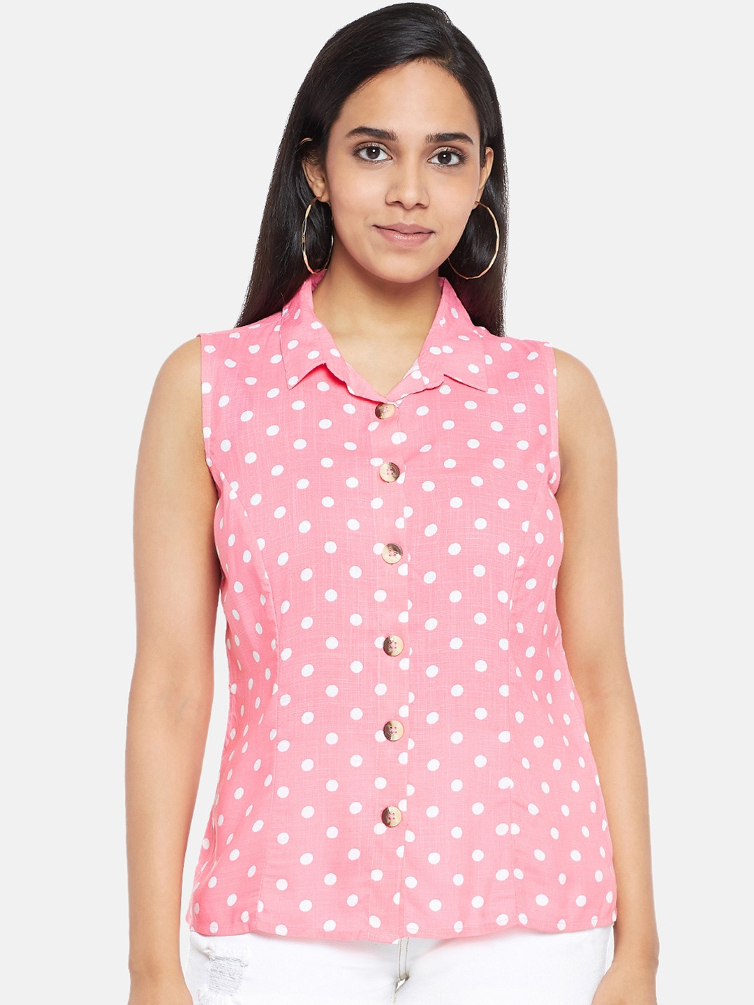 

Honey by Pantaloons Women Pink & White Polka Dots Printed Casual Shirt