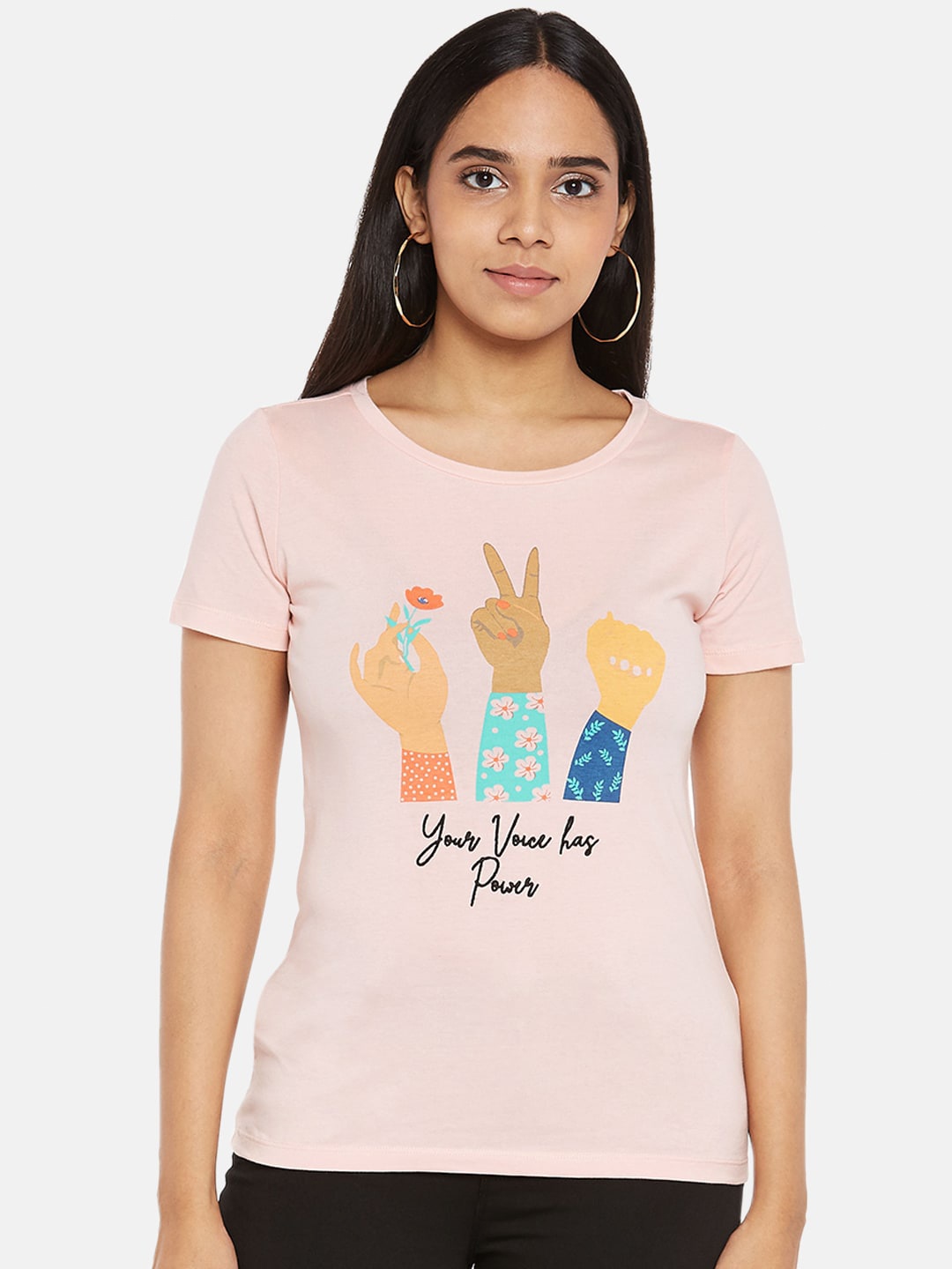 Honey by Pantaloons Women Pure Cotton Pink Graphic Printed Pure Cotton T-shirt