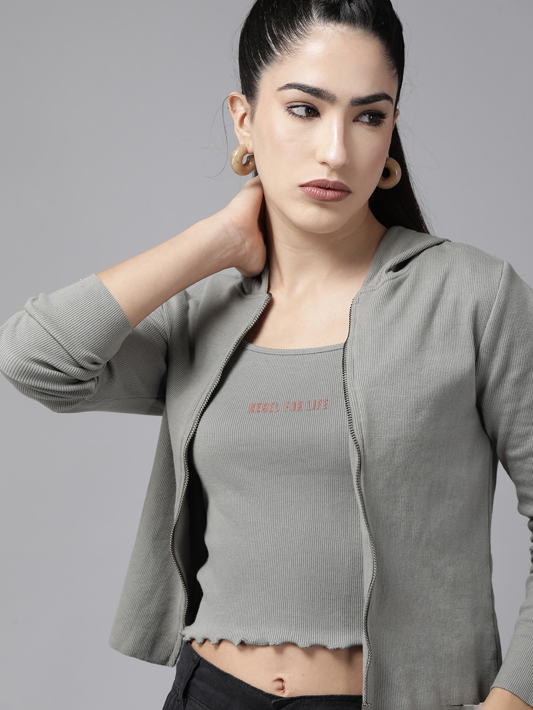 

The Roadster Lifestyle Co. Ribbed Hooded Sweatshirt With Crop Top, Grey