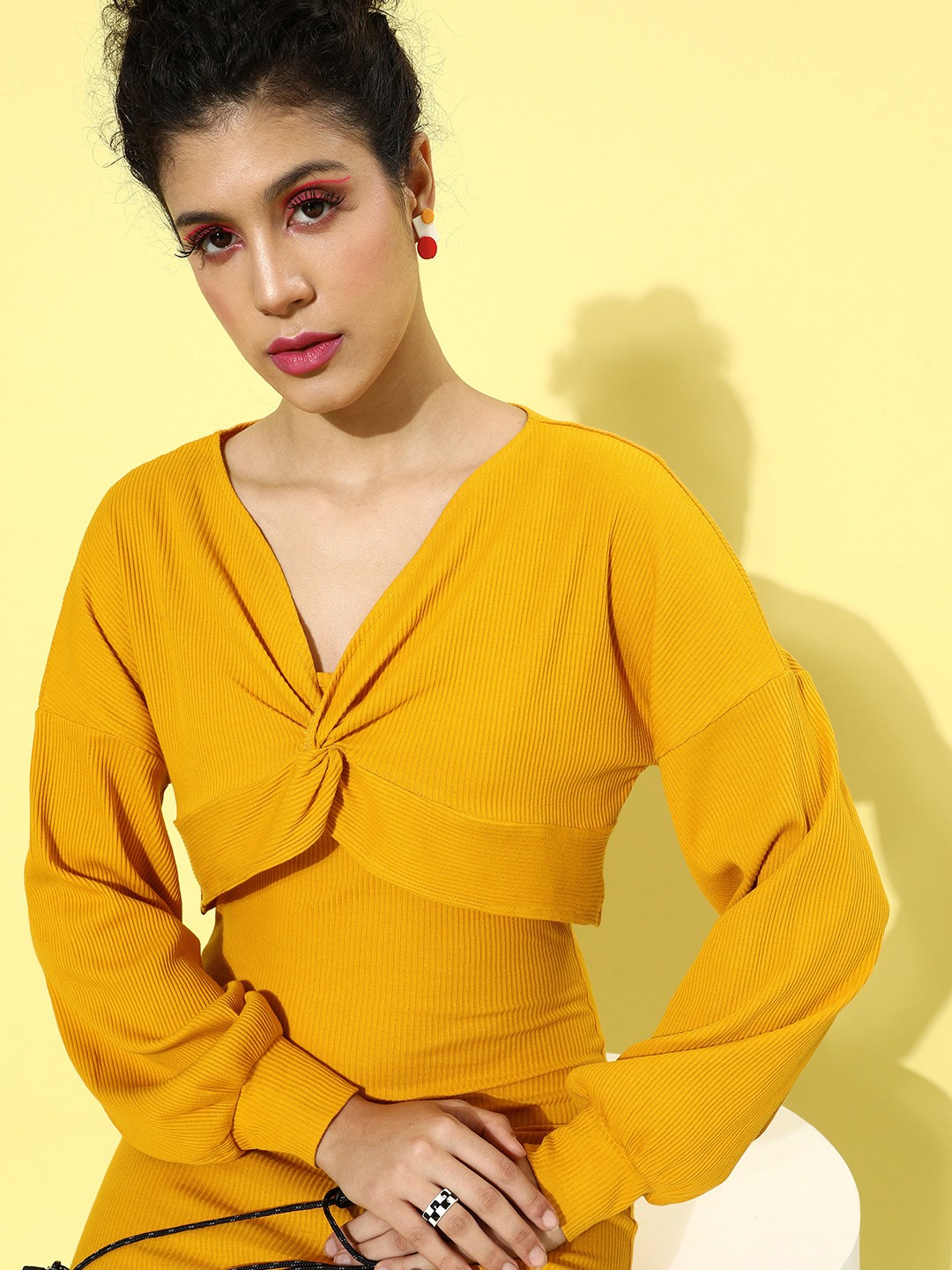 

Roadster Women Mustard Solid Knitted Dress