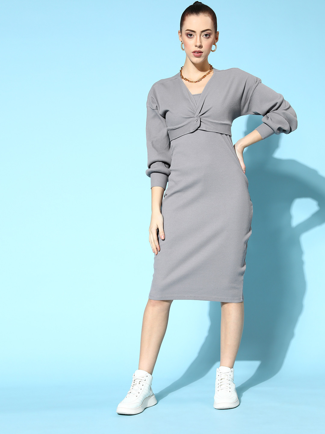 

The Roadster Lifestyle Co Grey Ribbed Sheath Midi Dress With Twisted Front Top