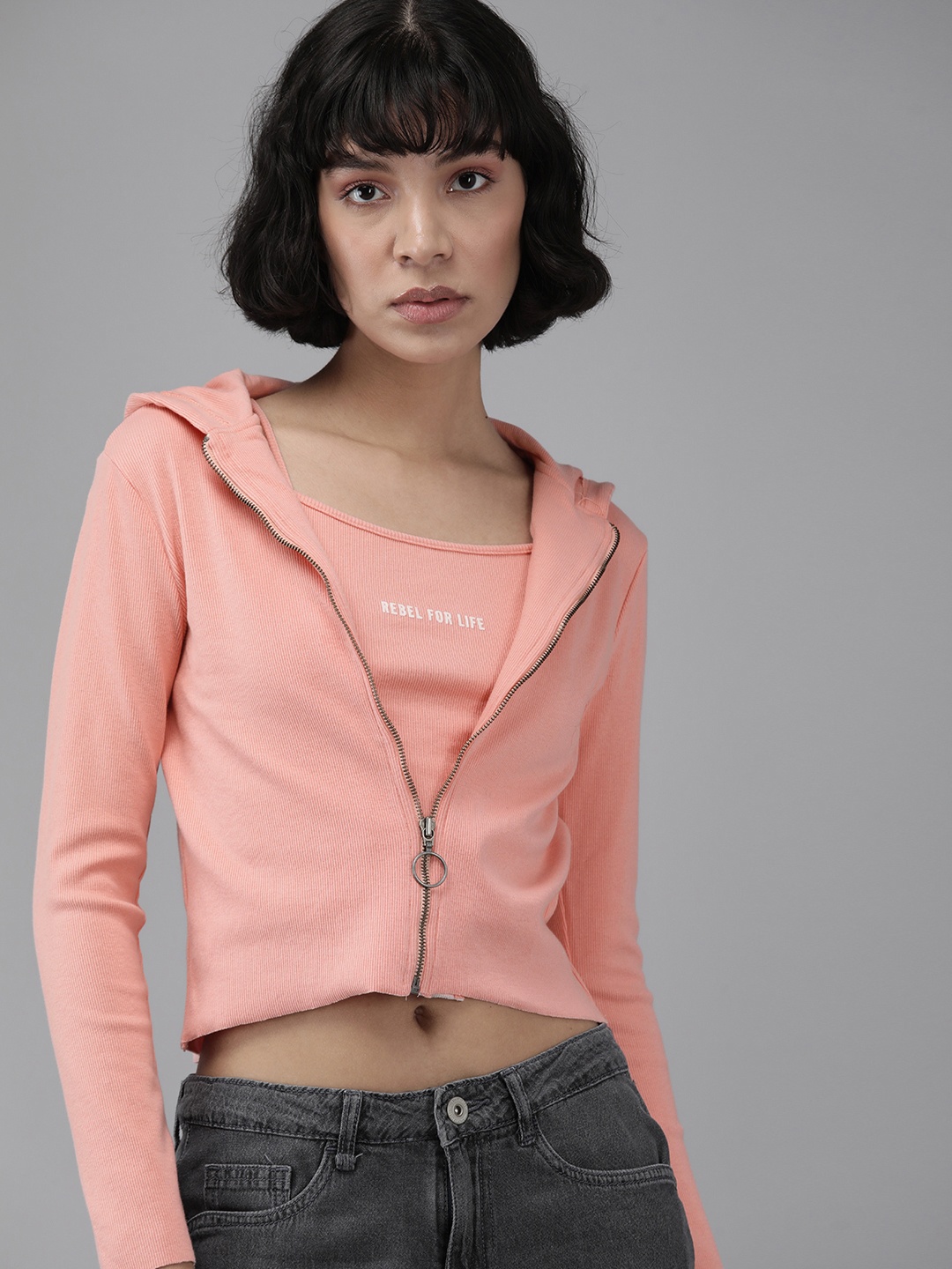 

Roadster Women Peach-Coloured Front Open Hooded Crop Top with Cropped Camisole