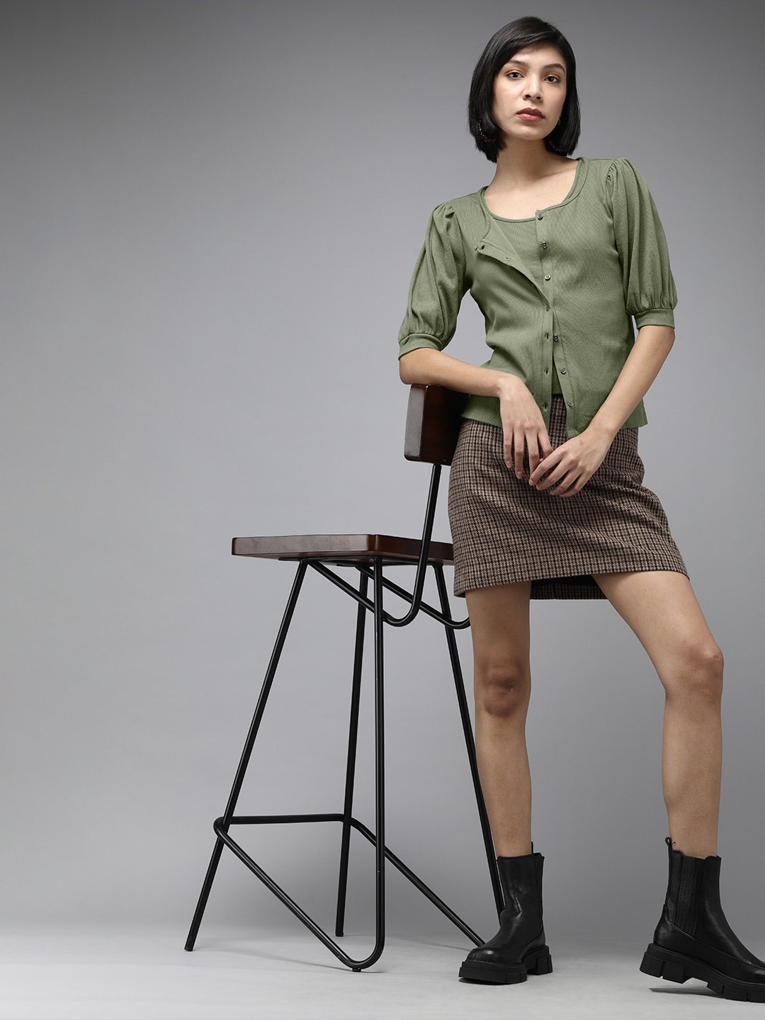 

Roadster Olive Green Ribbed Top with Puff Sleeves Button Down Blouse