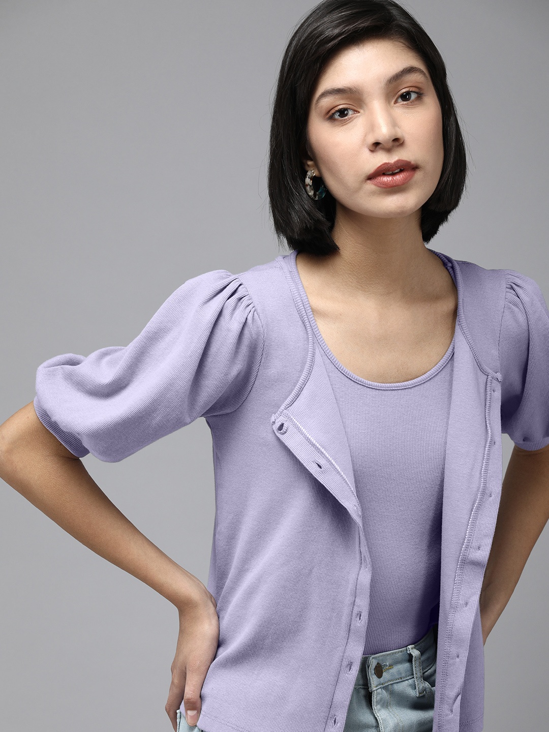 

Roadster Lavender Ribbed Top with Puff Sleeves Button Down Blouse