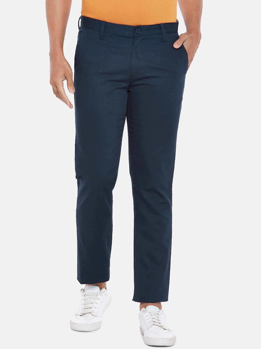 

BYFORD by Pantaloons Men Navy Blue Pure Cotton Slim Fit Low-Rise Trousers